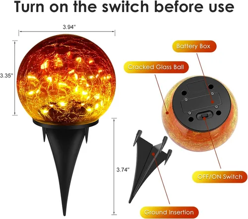 Miniatura 6 de 2 Pack 60 LED Luces solares de jardín para exterior, decorativas, luces de globo de vidrio agrietado con gradiente rojo, luces de bola impermeables