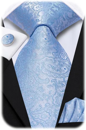 Miniatura 28 de Hi-Tie Corbatas de seda para hombre, diseño de cachemira a rayas, con bolsillo, gemelos cuadrados, conjunto formal de negocios