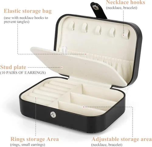 Miniatura 3 de Mpeyuiltic Joyero de viaje, estuche de joyería portátil de piel sintética pequeño para mujeres y niñas, organizador de joyas de viaje de doble capa