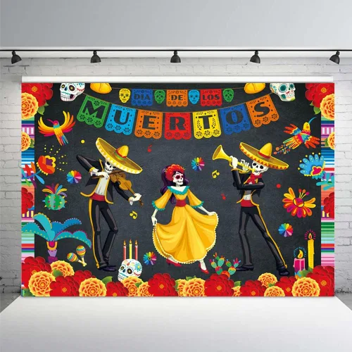 Miniatura 7 de MEHOFOND Telón de fondo del Día de los Muertos de 7 x 5 pies, fiesta mexicana, calavera de azúcar, flores, fondo de fotografía, vinilo Dia De Los