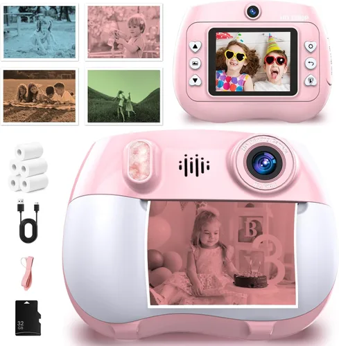 Cámara para niños con impresión instantánea 1080P frontal y trasera dual selfie – Cámaras para niños pequeños con videojuegos digitales, 32 GB y Rosa