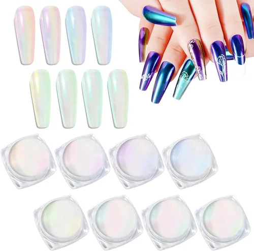 Laza Polvo de Uñas Cromado Camaleón, 8 Colores Uñas Glaseadas Donut Pigmento Metálico con Efecto Espejo, Purpurina para Uñas Aurora Iridiscente Kit
