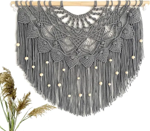Miniatura 6 de Youngeast Cortina grande de macramé para colgar en la pared, con cuentas estilo bohemio para ventana, macramé, cabecero, sala de estar, decoración