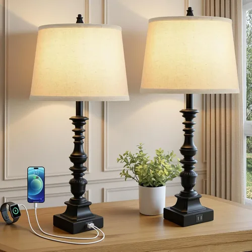 Miniatura 10 de Juego de 2 lámparas de mesa de granja de 27.5 pulgadas, lámparas rústicas de dormitorio para mesita de noche con carga USB doble, lámparas