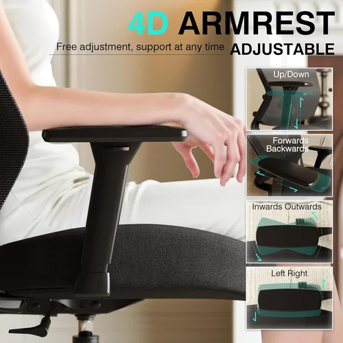 Miniatura 4 de ELABEST T96C Silla Ergonómica de Oficina en Casa, Silla de Escritorio de Malla para Computadora con Reposabrazos 4D, Soporte Lumbar Ajustable, Silla