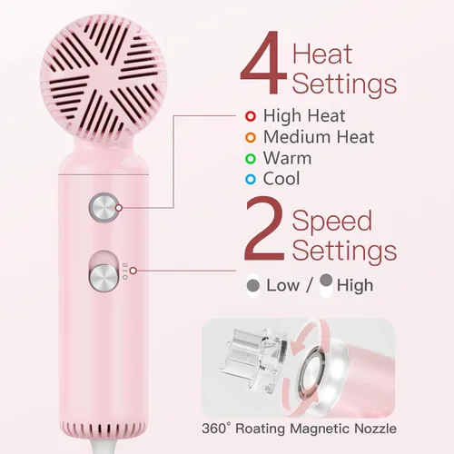 Miniatura 4 de Webeauty - Mini secador de pelo con difusor, motor de alta velocidad de 110,000 RPM, protección de iones negativos de 656.2 ft, ajustes de 3 Rosa