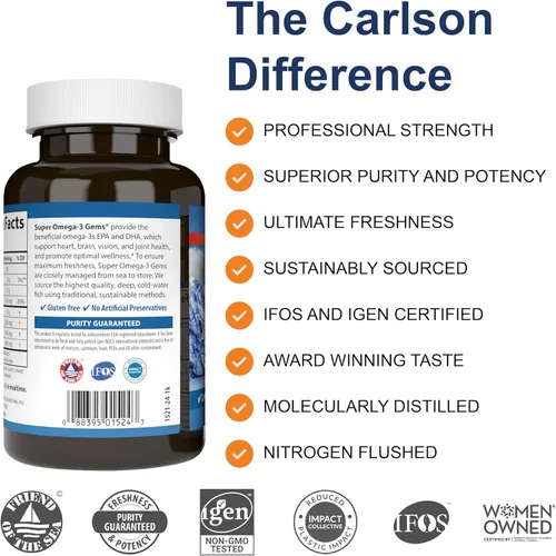 Miniatura 2 de Carlson - Gemas Super Omega-3, 1200 mg de ácidos grasos omega-3 con EPA y DHA, suplemento noruego capturado en la naturaleza, cápsulas de aceite