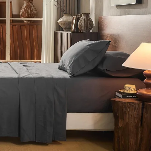 Miniatura 34 de Juego de sábanas de lino 100% tamaño King, juego de sábanas de lino transpirable y duradero de 4 piezas, ropa de cama suave para todas