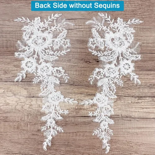 Miniatura 5 de 1 par de apliques de encaje con bordado de flores de lentejuelas, parches para coser para boda, vestido de novia, vestido de fiesta, ropa, corpiño