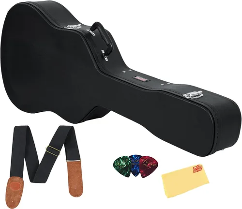Gator Hard-Shell Wood Case GWE-DREAD12 for Dreadnought Acoustic Guitars - Bundle with Picks, Strap, and Austin Bazaar Polishing Cloth