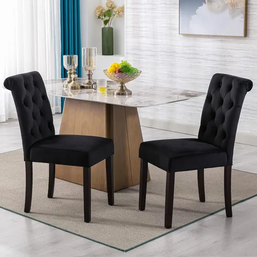 Miniatura 5 de Juego de 2 sillas de comedor de terciopelo tapizadas, modernas sillas decorativas copetudas, sillas laterales Parsons de madera para el hogar, negro
