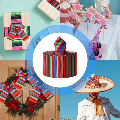 Miniatura 4 de Cinta de Serape mexicano para fiesta, 4 rollos de cinta de rayas de arco iris, cinta mexicana para fiesta, cinta de grogrén colorida para envolver