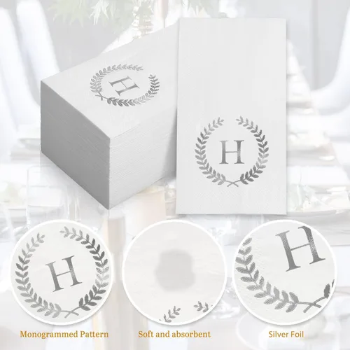 Miniatura 4 de Paquete de 200 servilletas desechables con monograma de papel de aluminio plateado con letra H, servilletas para invitados con inicial, toallas