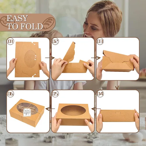 Miniatura 4 de KPOSIYA 65 PCS Cajas para Galletas de 8x6x2.5 Pulgadas con Ventana Cajas Marrones de Panadería Cajas de Repostería para Regalar, Golosinas, Postre