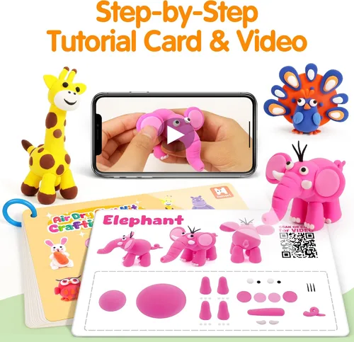 Miniatura 3 de Kit de arcilla de secado al aire para niños, 12 animales de arcilla para modelar con tarjetas tutoriales y video, 8 herramientas de escultura