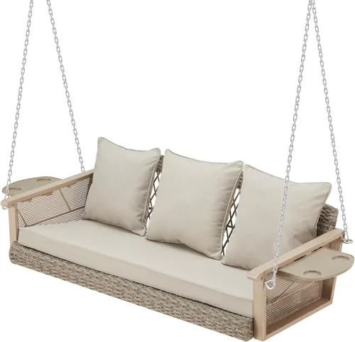 HOMREST Columpio de mimbre para porche para 3 personas con portavasos mejorado, silla colgante de 56 pulgadas con cojines, columpio al aire libre