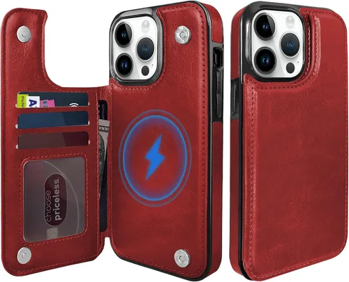 Miniatura 8 de Funda magnética tipo cartera con tapa para iPhone 14Pro Max de 6.7 pulgadas, compatible con MagSafe, soporte de cuero con soporte para tarjetas