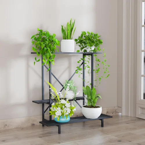 Miniatura 4 de Zhongma Soporte para plantas de 3 niveles que ahorra espacio, resistente para balcón, hogar, jardín, soporte de metal resistente para plantas