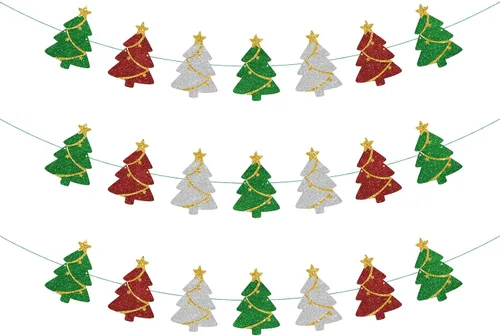 Juego de 3 decoraciones de Navidad preencordadas, guirnalda de pancarta para árbol de Navidad con purpurina para fiesta de invierno, decoración de