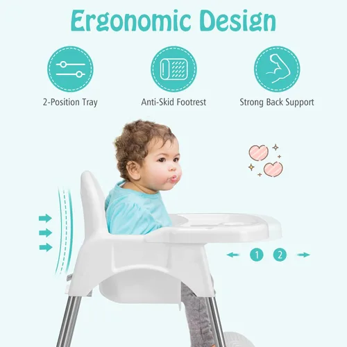 Miniatura 4 de BABY JOY Silla alta para bebé, 4 en 1, trona convertible para bebés y niños pequeños con patas ajustables, doble bandeja extraíble, arnés de Blanco