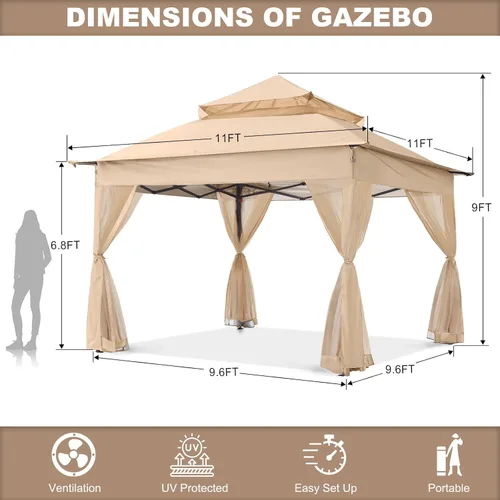 Miniatura 6 de ABCCANOPY Gazebo desplegable de 11 x 11 pies - Tienda de campaña con toldo para exteriores con mosquitera para patio, jardín y patio trasero (caqui)