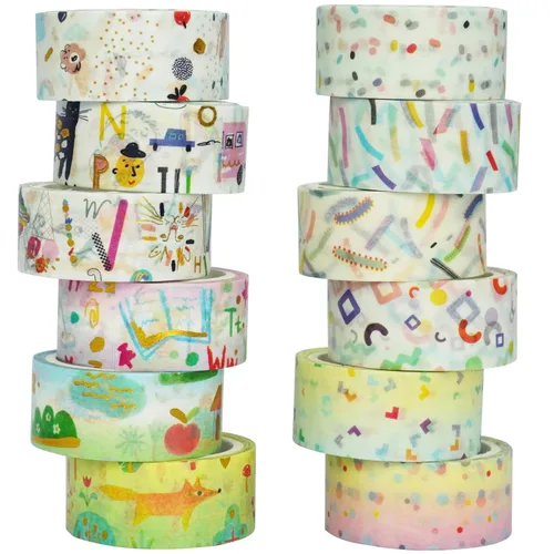 Miniatura 11 de Bonito juego de 12 rollos de cinta washi de papel de aluminio dorado para dibujo de dibujos animados, cintas decorativas para artes, manualidades