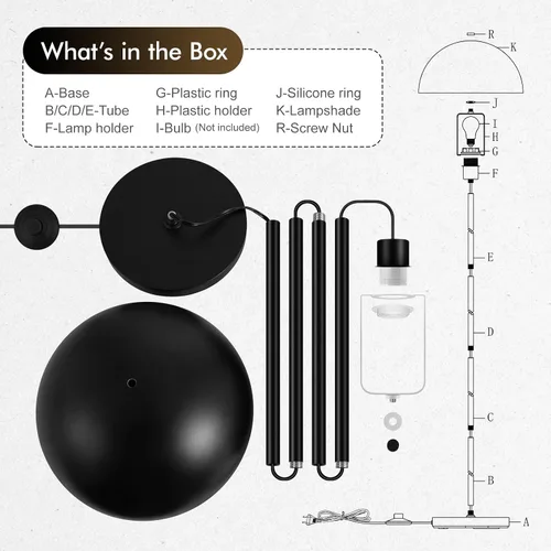 Miniatura 7 de Lámpara de pie, lámparas de pie industriales negras para sala de estar, lámpara de pie de 65.6 pulgadas, pantalla de cúpula de hongo retro, Negro