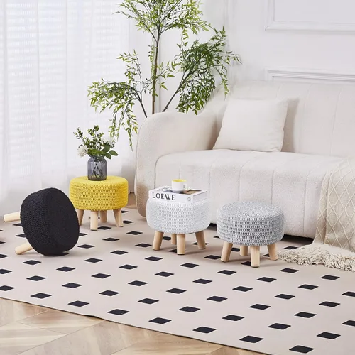 Miniatura 7 de Wimarsbon Otomanos Pequeños, 100% Puf Otomano Tejido a Mano, Reposapiés Redondo con 4 Patas de Madera Antideslizante, Puf Boho de Cuerda de Algodón