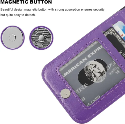 Miniatura 7 de KIHUWEY Funda compatible con iPhone 15 con soporte para tarjeta de crédito, cierre magnético de cuero de alta calidad, función atril, funda Violeta