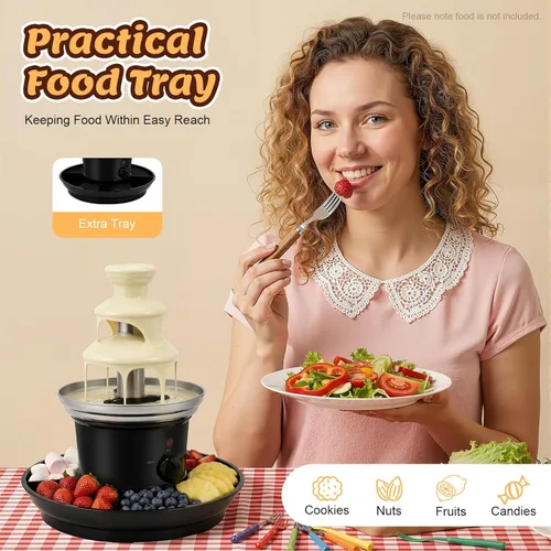 Miniatura 8 de Fuente de chocolate, fuente de fiesta de acero inoxidable de 3 niveles con bandeja de alimentos y tenedor, máquina eléctrica de fuente de fondue