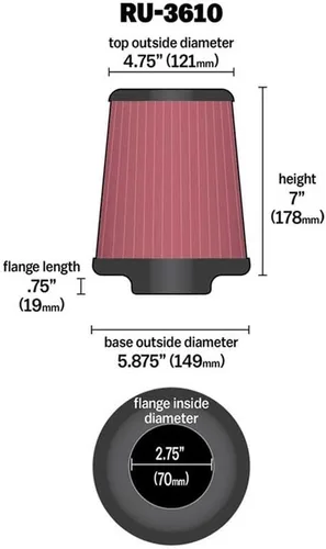 Miniatura 2 de K&N Filtro de aire universal con abrazadera original de alto flujo: alto rendimiento, premium, lavable: diámetro de brida: 2.75 pulgadas, altura