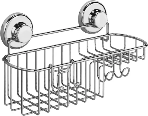 HASKO - Estante de ducha con ventosa, estante de ducha con jabonera y organizador de ganchos, estante de baño de succión para almacenamiento, cesta