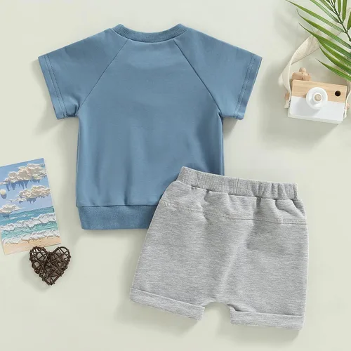 Miniatura 37 de Conjunto de traje de verano para bebé niño pequeño, manga corta, cuello redondo, letras impresas, lindo traje de verano, conjunto de 2 piezas