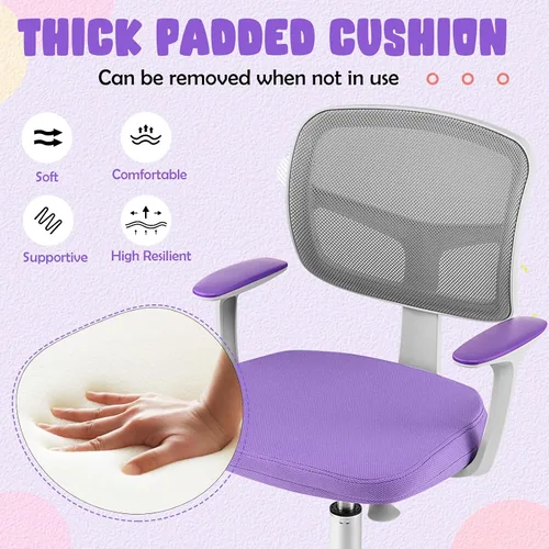 Miniatura 7 de Silla de escritorio para niños, silla ergonómica giratoria para estudio con soporte lumbar, malla transpirable y ruedas universales, silla de Violeta