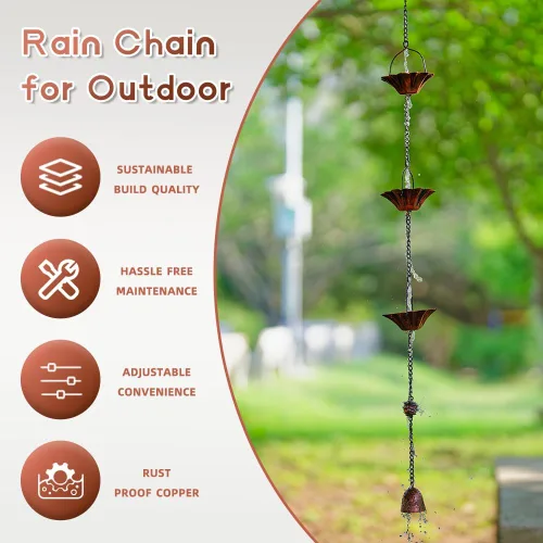 Miniatura 3 de Cadena de lluvia de loto de 10 pies, cadenas de lluvia para canaletas con 12 tazas, cadena de captura de lluvia ajustable con campana para drenaje