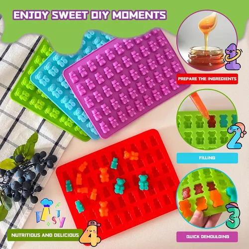 Miniatura 5 de Dos tamaños diferentes de moldes de gomitas de oso, juego de 4 moldes antiadherentes de silicona para chocolate con 2 cuentagotas