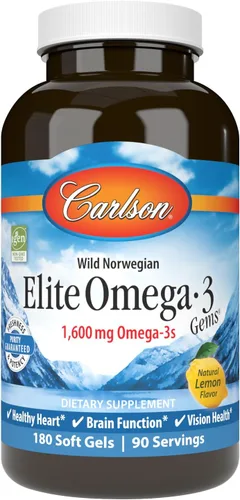 Carlson Labs Elite Omega-3 Gems Aceite de pescado 1250 mg, 180 cápsulas blandas