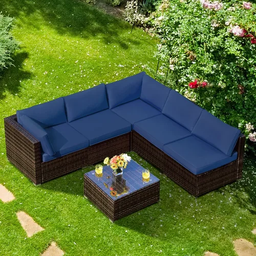 Miniatura 3 de Tangkula Juego de muebles de patio de 6 piezas, juego de conversación de mimbre para exteriores con mesa de café de cristal, juego de sofá de mimbre