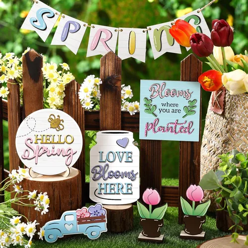 Miniatura 6 de Patelai Juego de decoración de bandejas escalonadas de madera pastel Hello Spring Decor Truck Tulipán Flower Table Signs, decoración rústica