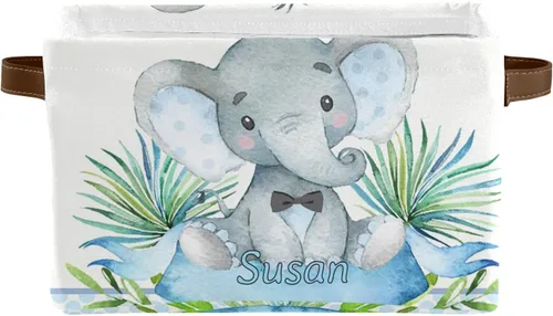 Miniatura 8 de Canasta de almacenamiento personalizada de elefante verde azulado con nombre, caja de almacenamiento grande con asas para el hogar, oficina