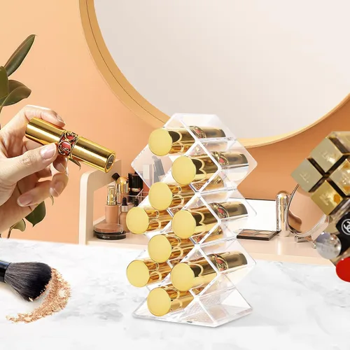 Miniatura 5 de Paquete de 3 soportes para lápices labiales, 30 espacios, acrílico, apilables, con forma de pez, soporte de exhibición de brillo de labios
