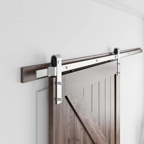 Miniatura 4 de SMARTSTANDARD Kit de herrajes para puerta de granero de níquel cepillado de 7 pies, pista deslizante resistente, suave y silenciosa, fácil
