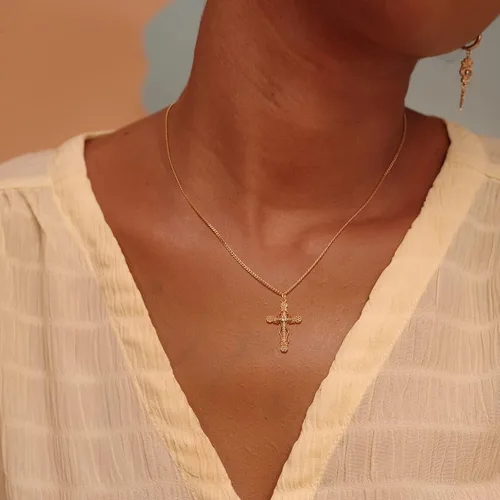 Miniatura 108 de Fettero - Collar con dije de cruz de fe, chapado en oro de 14 K, cadena fina, minimalista, simple, pequeña, para oración, regalo de joyería religiosa
