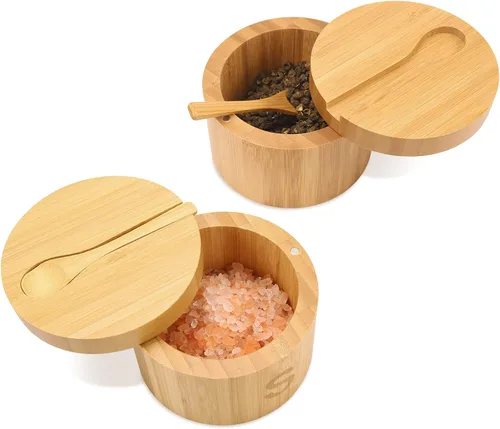Miniatura 11 de HTB Salero de bambú con cuchara mini, caja de sal de cocina con tapa de cierre magnético giratoria, recipiente redondo de sal para guardar pimienta