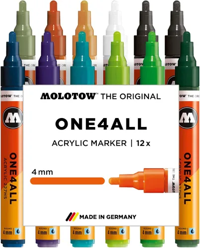 Molotow ONE4ALL - Juego de 2 marcadores de pintura acrílica, 1.4 pulgadas, colores surtidos, 12 marcadores, 1 juego cada uno (200.164)