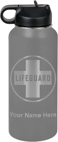 Miniatura 48 de LaserGram Botella de agua personalizada, salvavidas, acero inoxidable de doble pared aislada al vacío con popote superior, regalo grabado Negro
