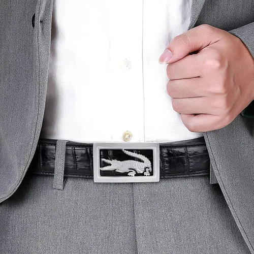 Miniatura 2 de PIJUSHI Cinturón de cuero de cocodrilo para hombre con hebilla de placa, cinturón de cuero para hombre