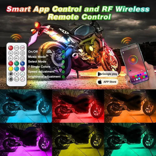 Miniatura 2 de 8 piezas de kit de luces LED para motocicleta Chasing Dreamcolor con/APP/control remoto RF, señal de giro y freno, tira de luces LED subterráneas