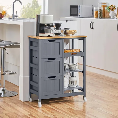 Yaheetech Carrito de Isla de Cocina con Ruedas, Carrito de Almacenamiento Rodante con Encimera de Bambú, 3 Cajones, 3 Estantes Extraíbles y Ruedas