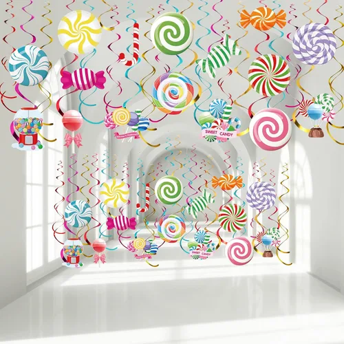 Faccito 36 piezas de decoración para fiesta de Candyland, decoraciones de caramelo con remolinos colgantes de colores, decoración de piruleta para